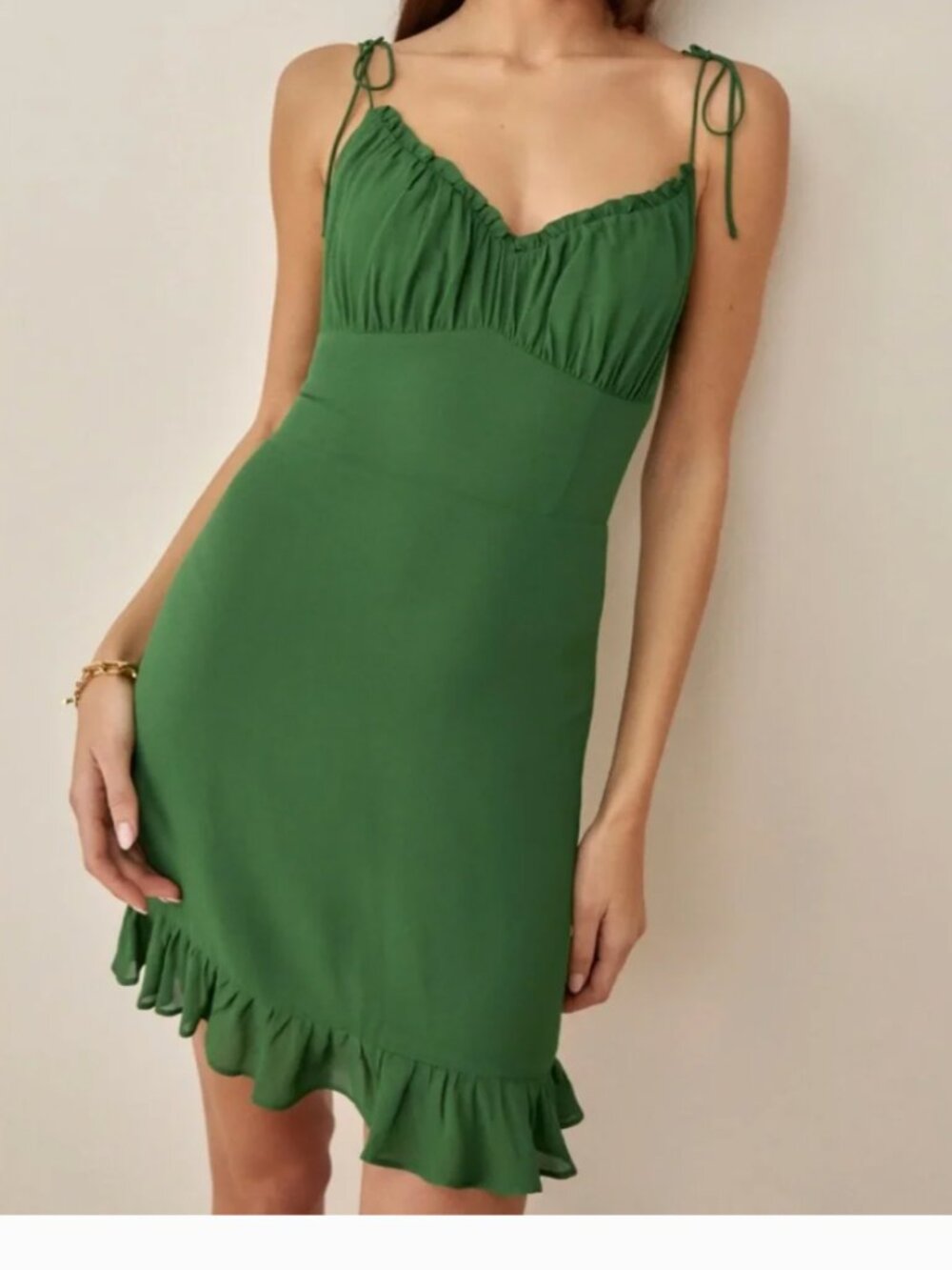 NEW Reformation Esther Ruffle Hem Tie-Shoulder Slip Dress in Kelly Green Size 6